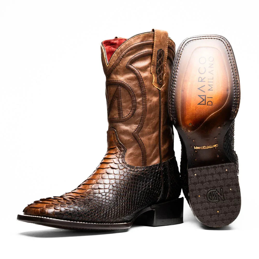 Close-up of Missouri Lisboa python skin cowboy boot with square toe, showcasing textured vamp and rich leather shaft.