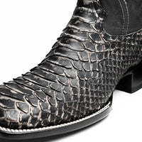 Missouri cowboy boot in stone white displaying python skin vamp and red leather interior lining.
