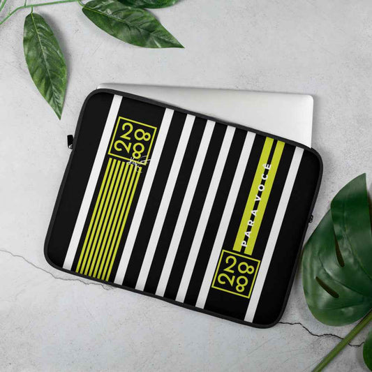 Colorful multi-stripe laptop sleeve lying flat on a white surface, showing its protective padded design.