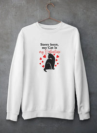 Grey sweatshirt hanging against concrete wall featuring 'Sorry Boys My Cat Is My Valentine' text and cat graphic design.