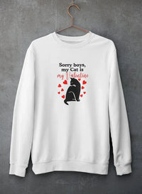 Detailed front view of grey sweatshirt showing 'Sorry Boys My Cat Is My Valentine' message with cat illustration.