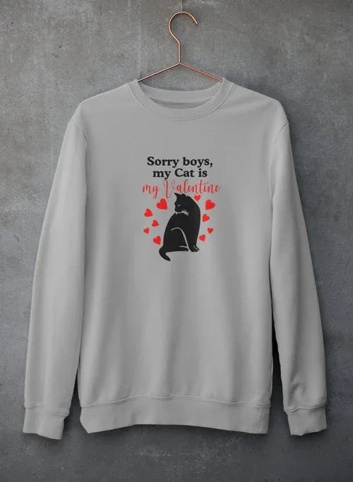 Close-up of grey sweatshirt with printed text and cat design on front, displayed on hanger against concrete background.