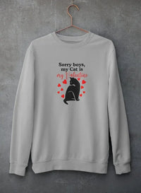 Close-up of grey sweatshirt with printed text and cat design on front, displayed on hanger against concrete background.
