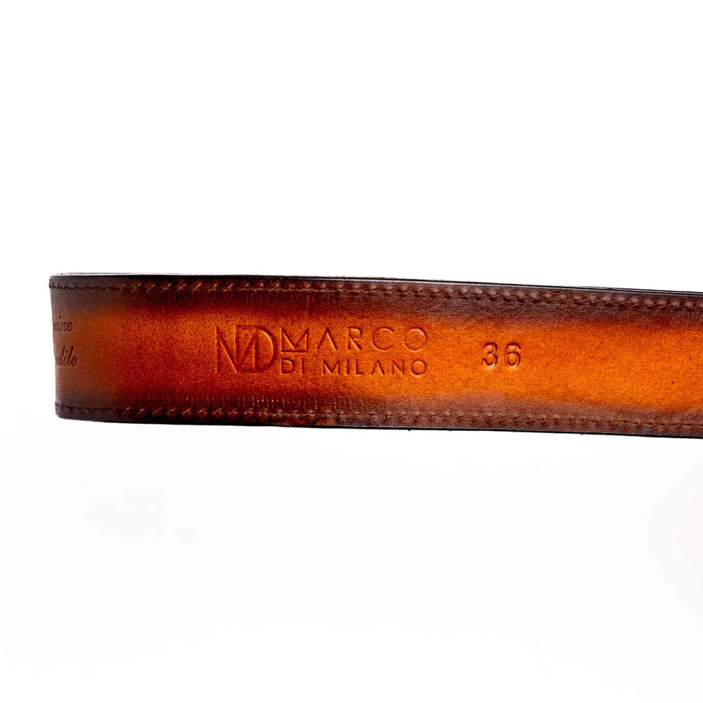 Detailed view of custom center-stitched leather channel on the Montana Belt, showcasing craftsmanship.