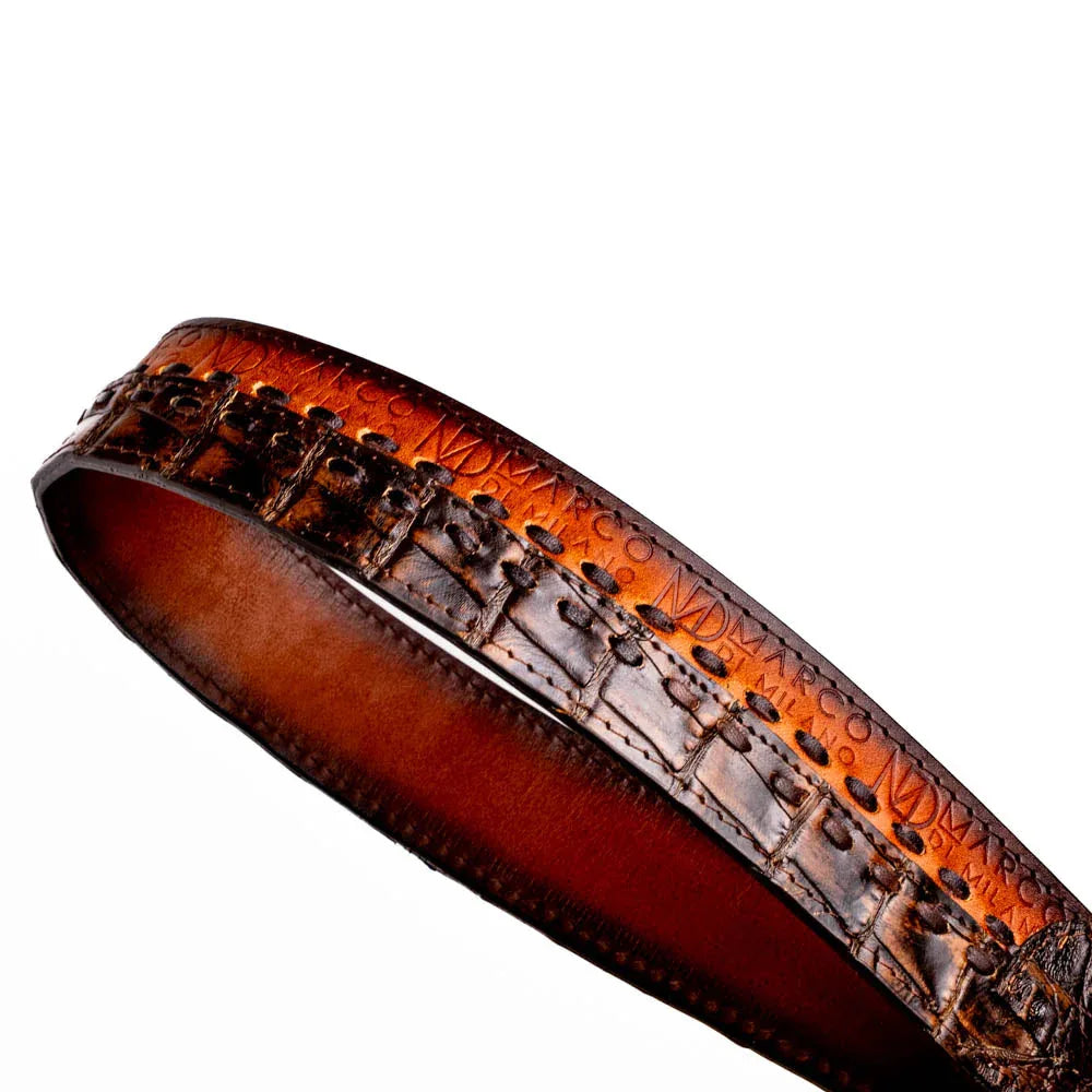 Full length view of Montana Belt displaying caiman and calfskin leather and classic Western design.