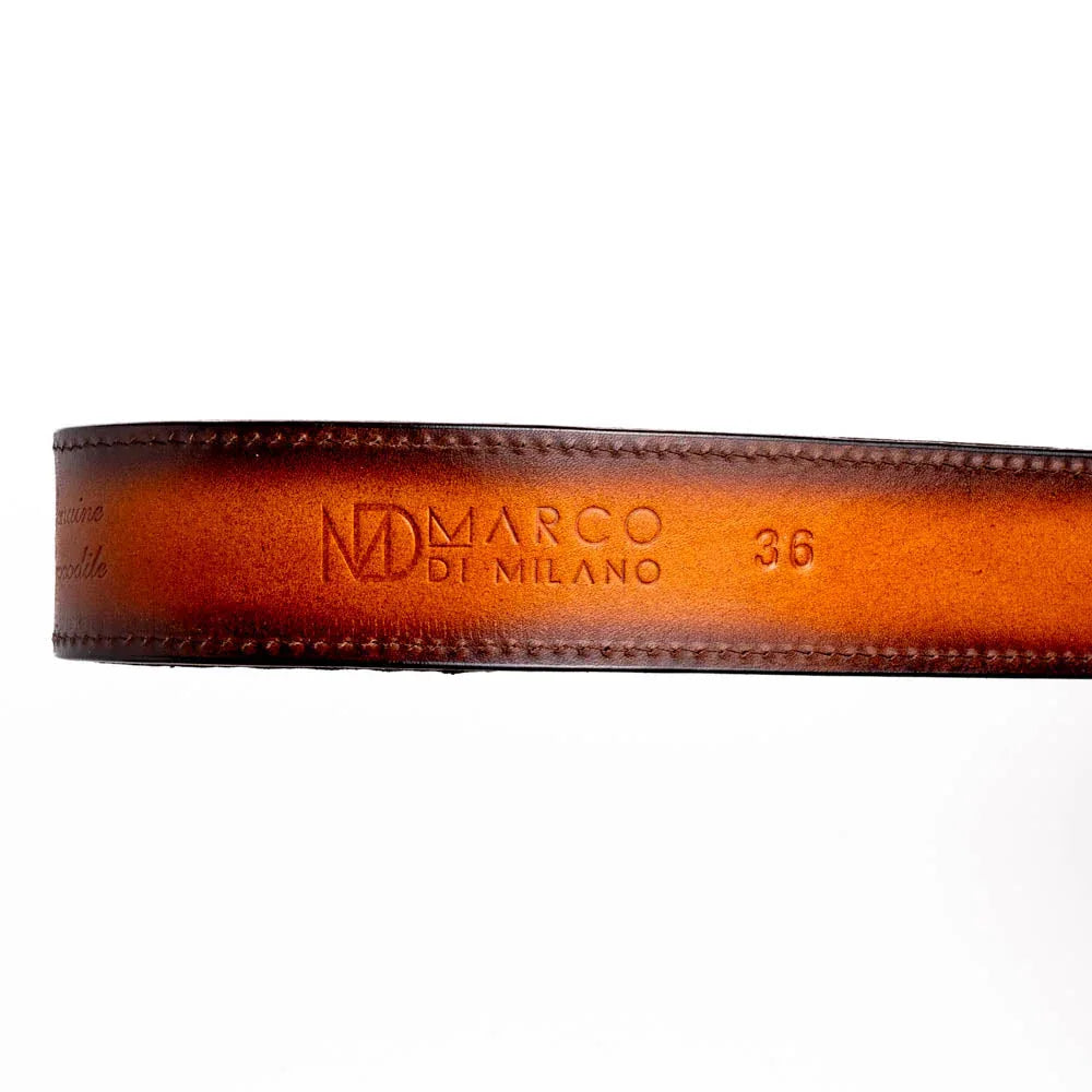 Side view of Montana belt emphasizing the gradient hand-stained leather and stitched leather channel.