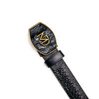 Black Montana belt displayed flat to highlight hand-stitched leather center detail and buckle.