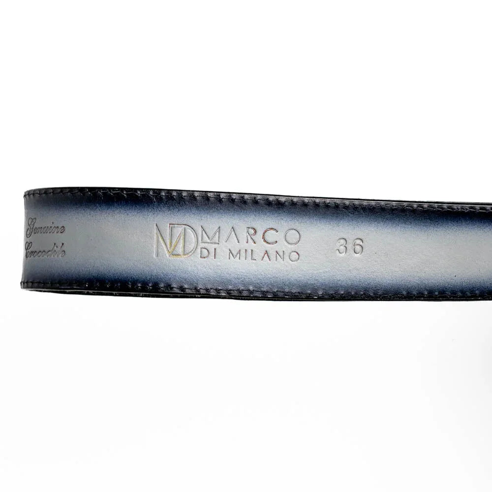 Montana belt laid flat showing full length with caiman crocodile skin and hand-stitched detail.