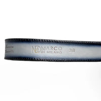 Montana belt laid flat showing full length with caiman crocodile skin and hand-stitched detail.