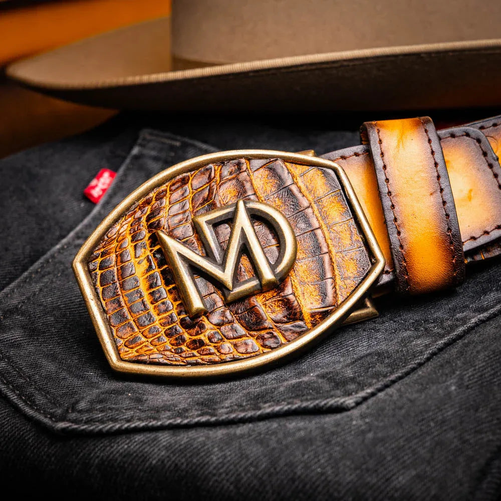 Close shot of Montana Belt fastening around waist, showing hand-stitched detail and leather finish.