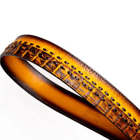 Close view of Montana Belt buckle and custom stitched leather channel with western saddlework design.