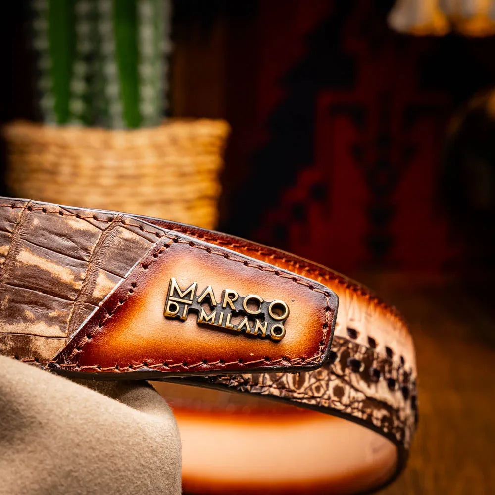 Man wearing Montana belt showcasing western style made with caiman and calfskin leather