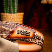 Man wearing Montana belt showcasing western style made with caiman and calfskin leather