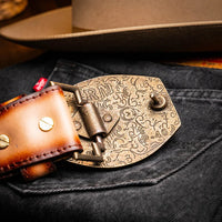 Side view of belt worn with casual outfit highlighting hand-stitched detail and leather texture