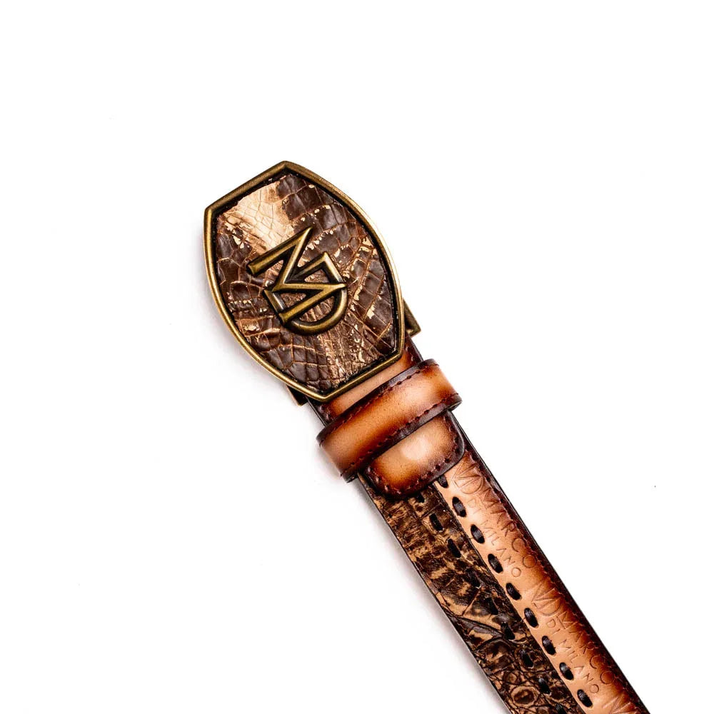 Detailed view of hand-stitched center channel on Montana caiman crocodile and calfskin belt