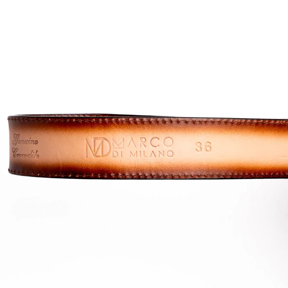 Antique brass buckle and tip on stone brown Montana caiman crocodile and calfskin leather belt