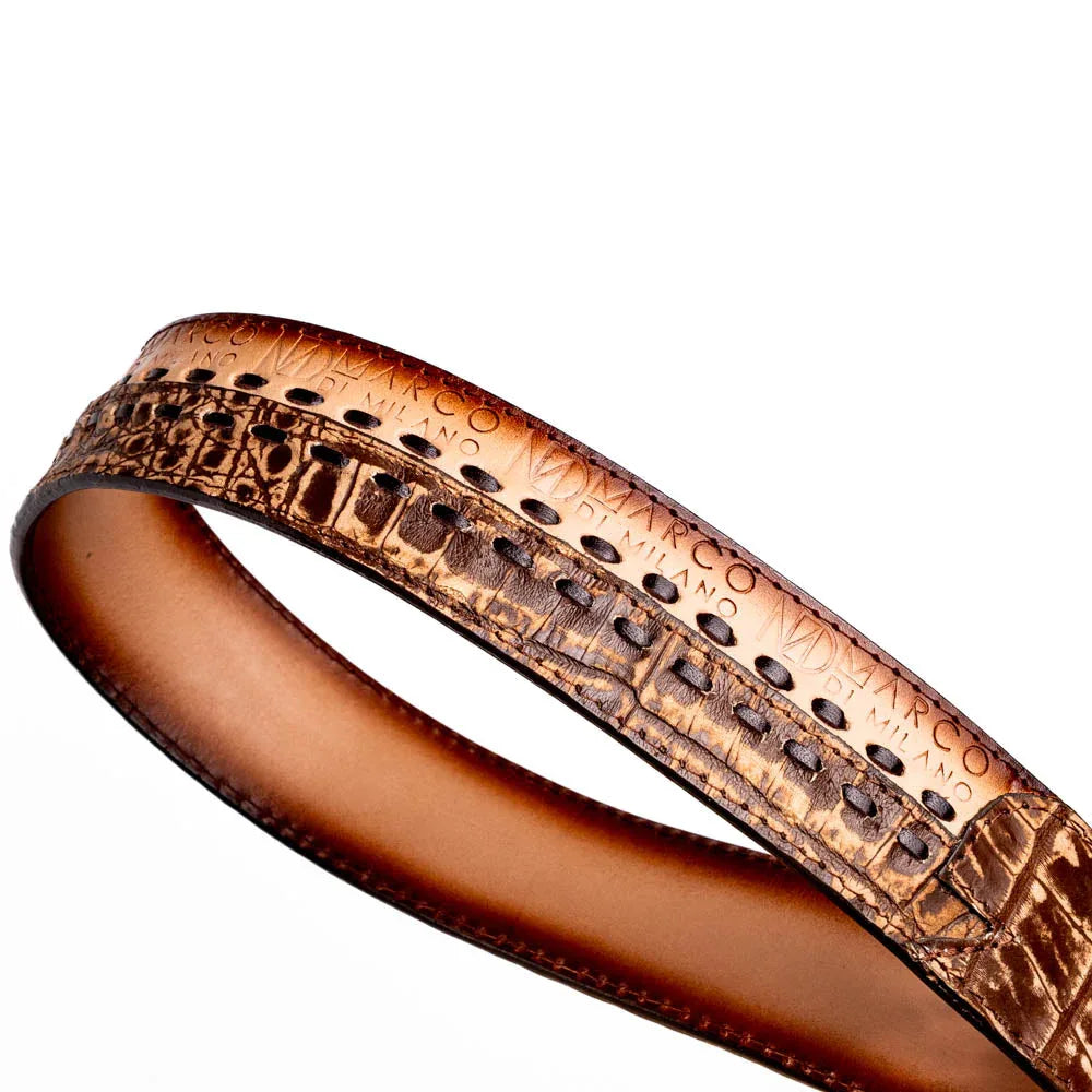 Textured surface and brand stamp on Marco Di Milano Montana caiman and calfskin leather belt