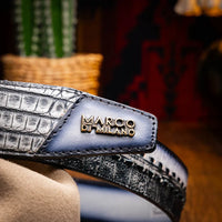Lifestyle shot of Montana belt styled with casual denim and tucked shirt emphasizing belt texture.