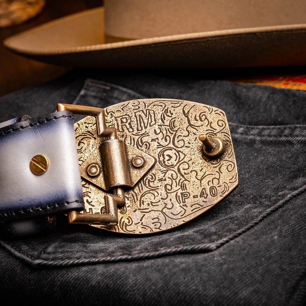 Close view of belt on model, focusing on hand-stitched leather center detail and gray color.