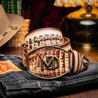 Lifestyle image of person wearing Montana Western belt with jeans, highlighting rustic leather texture.