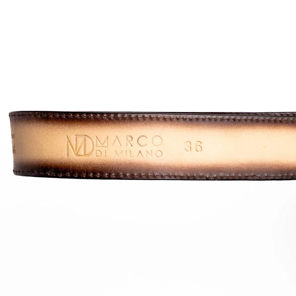 Detailed view of hand-stitched center leather channel on Montana caiman crocodile belt.