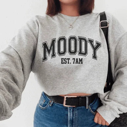Sport grey Moody Est. 7am sweatshirt featuring peachy Sunday t-shirt artwork, size small.
