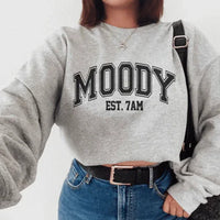 Sport grey Moody Est. 7am sweatshirt featuring peachy Sunday t-shirt artwork, size small.