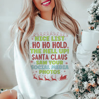 White Nice List sweatshirt with cozy fleece lining and adjustable banded cuffs