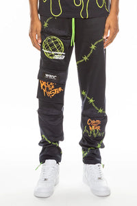 Navy blue men's track pants with elastic waist and zipper pockets shown on white background