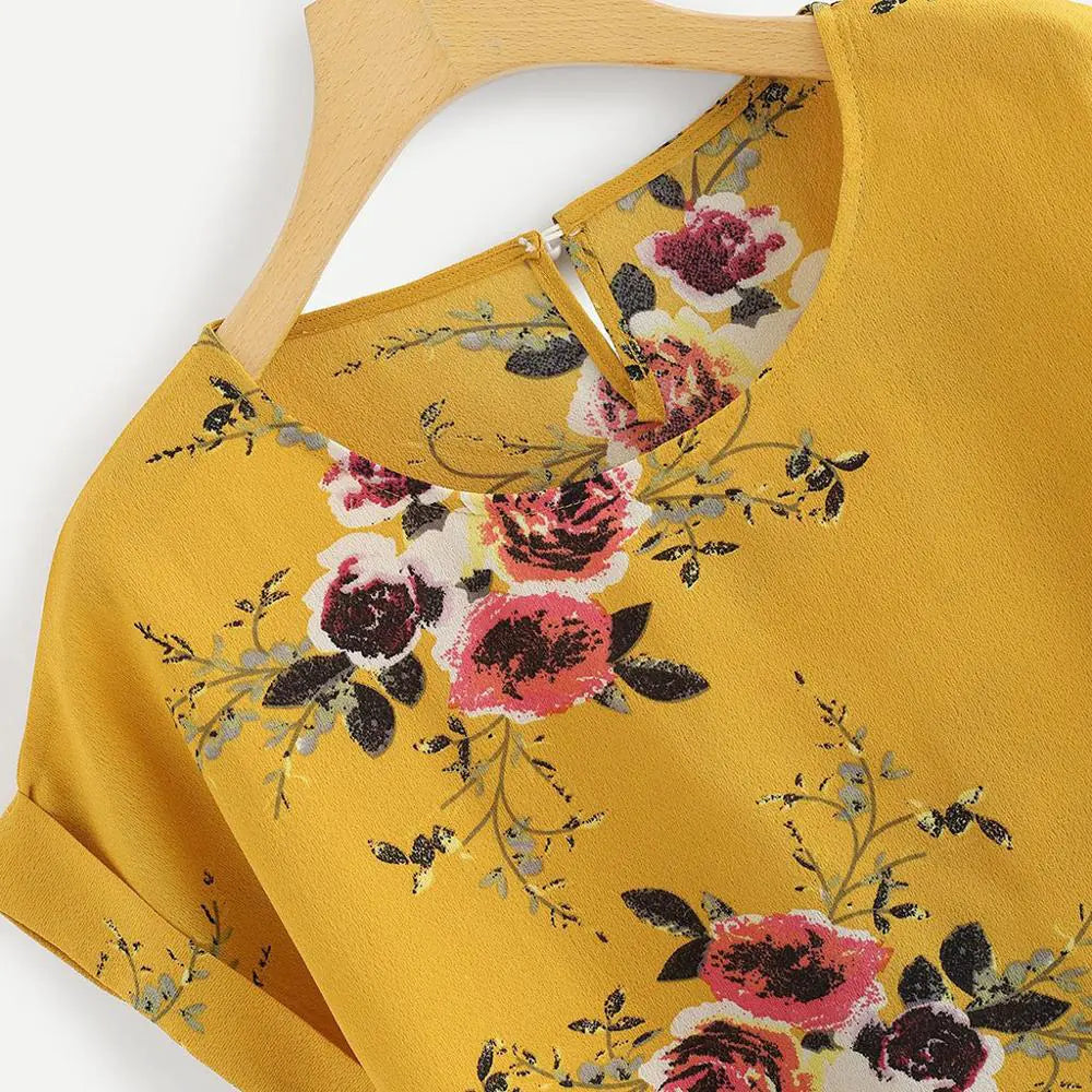 Floral Print O-Neck Blouse for Women Short Sleeve Top