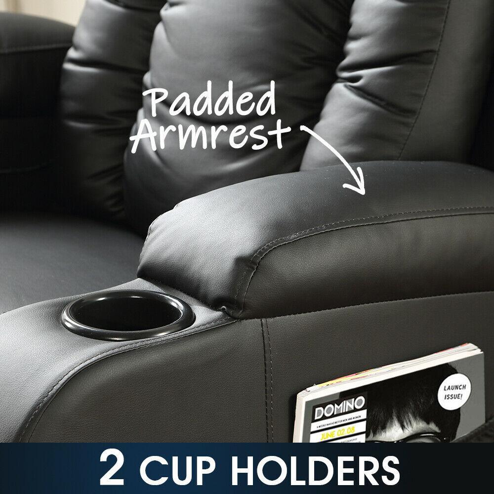 Detailed shot of recliner’s armrest with padded design and control buttons for massage functions.