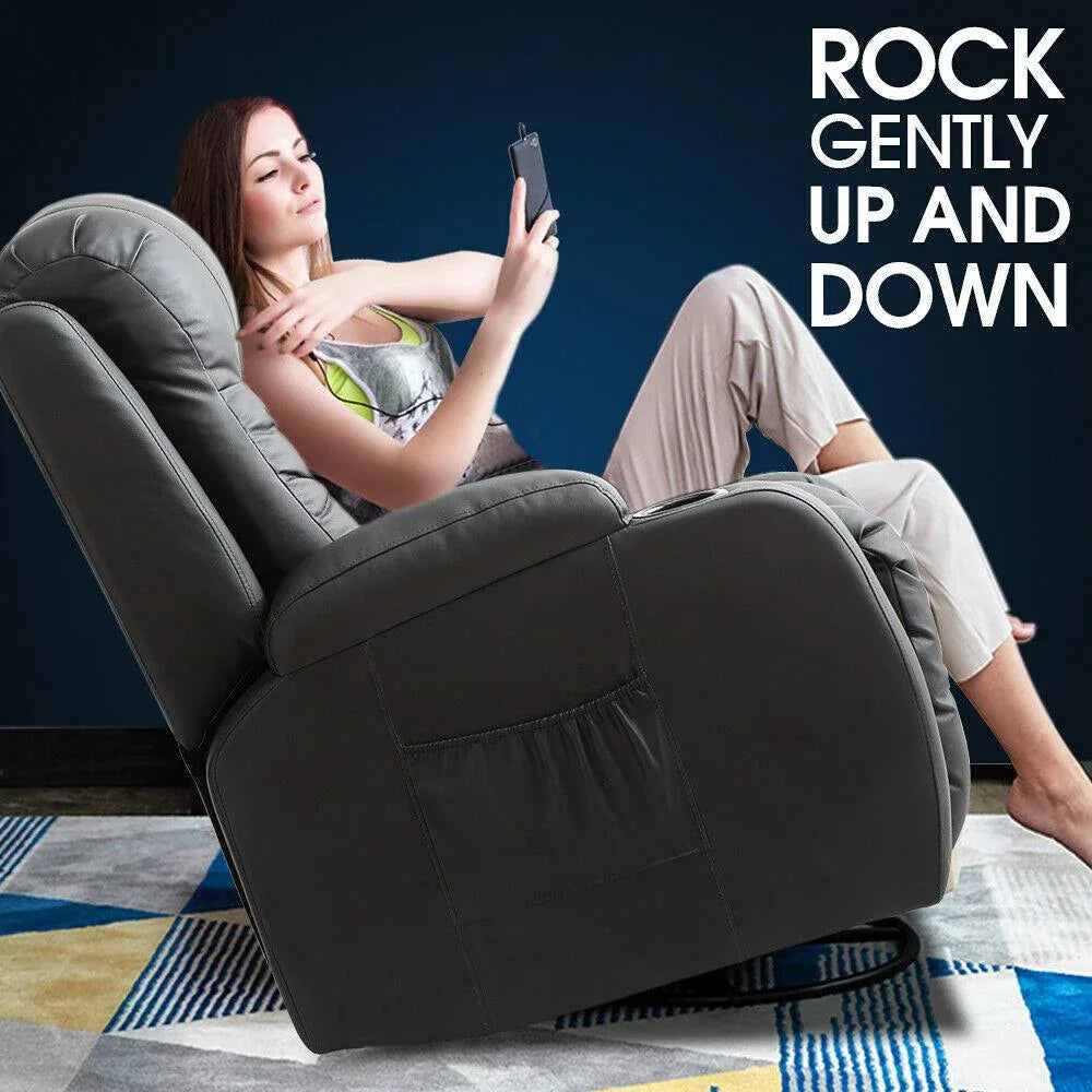 Person reclining comfortably in the full body massage chair with footrest extended and headrest support.