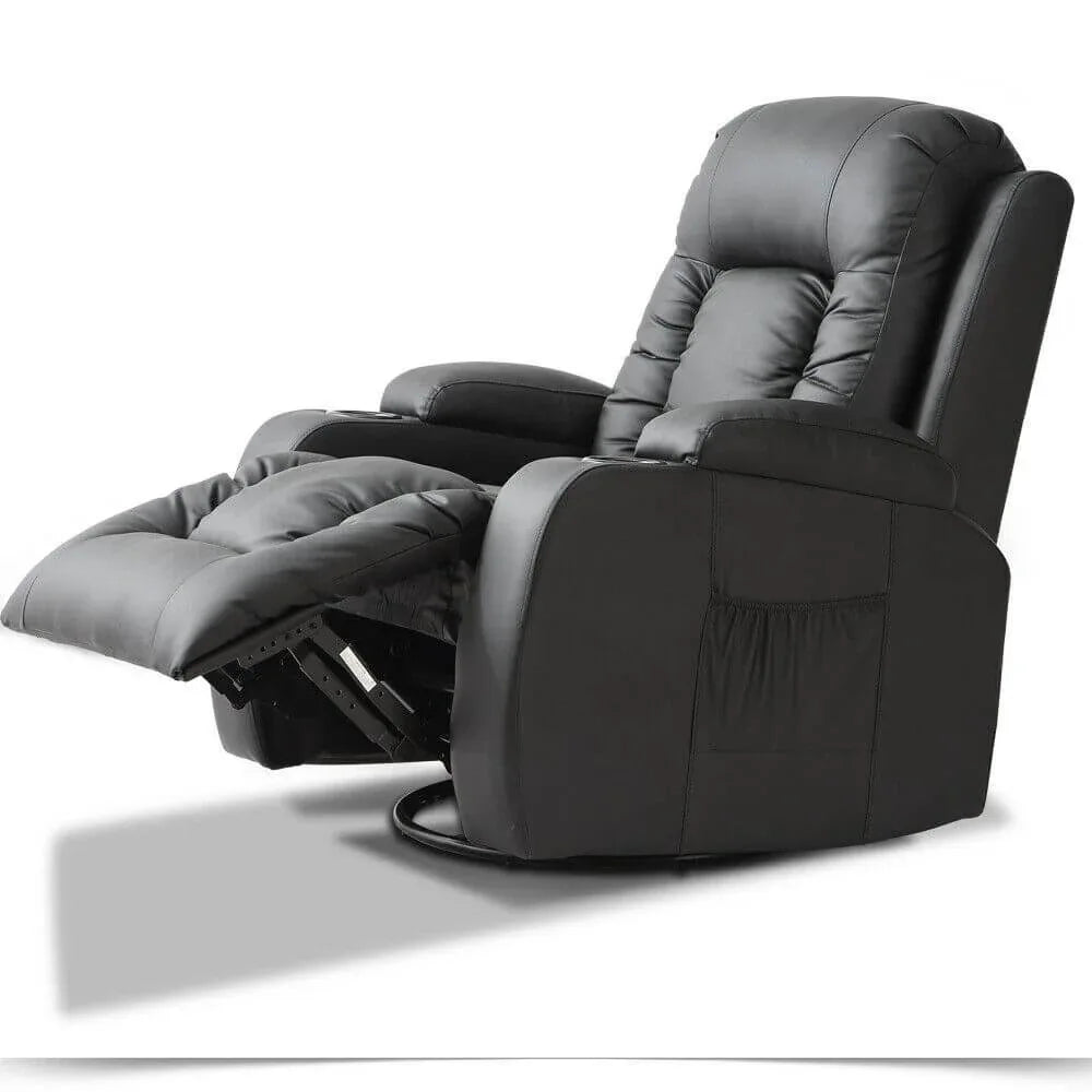 Levede electric massage recliner chair in light brown with thick cushions and padded armrests in a living room.