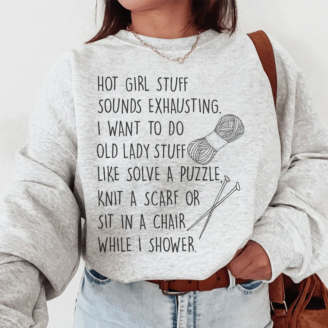 Sport grey sweatshirt with 'Old Lady' text design on front, cozy fleece lining and adjustable cuffs.