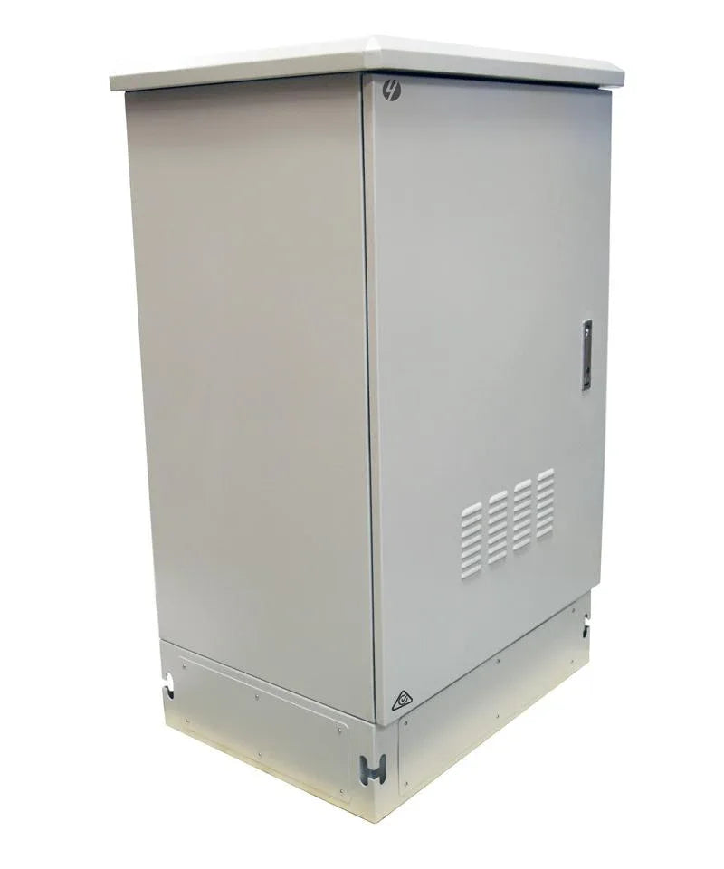 Angle view of grey outdoor ventilated server rack cabinet showing front door and side panels with ventilation