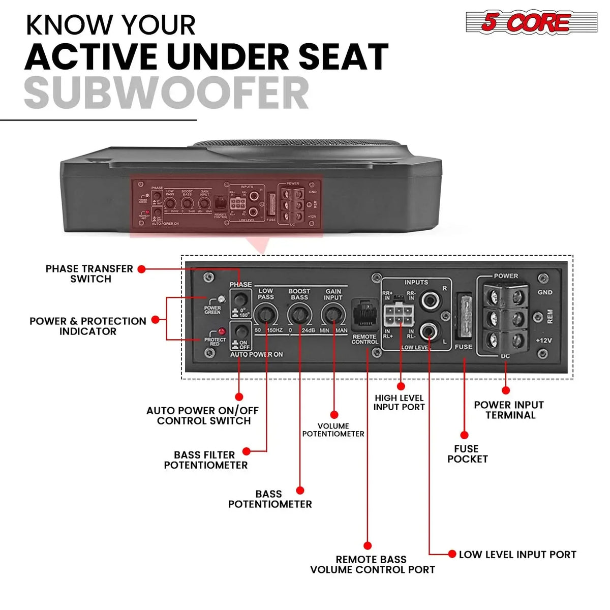 5Core 10 inch Slim Under Seat Car Audio Subwoofer 800W Built in - Trustymall