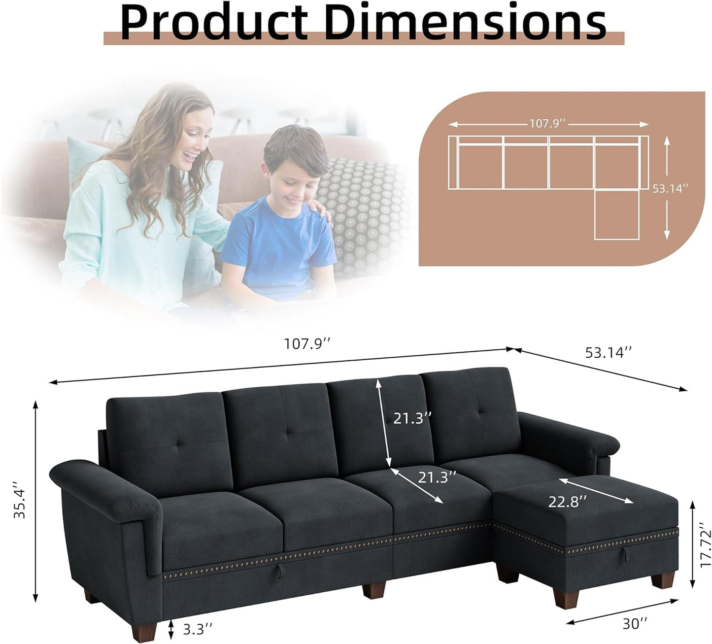 Dark Gray L-Shaped Sectional Sofa with Hidden Storage & Chaise