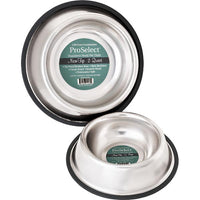 Shiny metal pet bowl with wide rubber non-slip base to prevent tipping and spills.