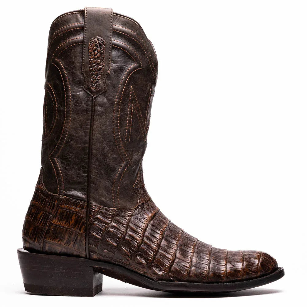 Side view of Phoenix Aged Brown caiman belly skin cowboy boot showing texture and leather shaft.