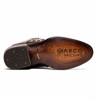 Phoenix Aged Brown cowboy boot angled to highlight craftsmanship and leather shaft.