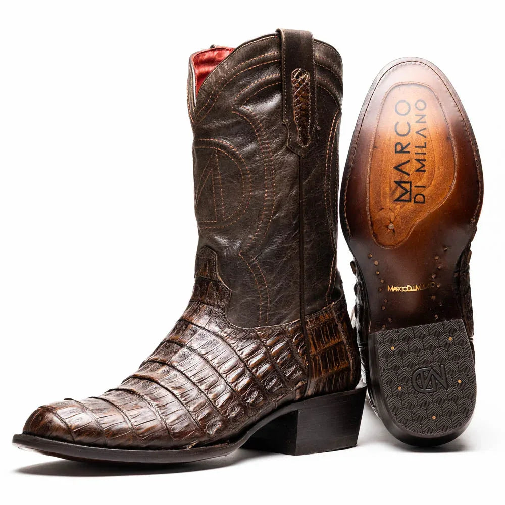 Close-up of Phoenix Aged Brown cowboy boot made with genuine caiman belly skin and round toe.