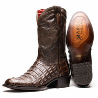 Close-up of Phoenix Aged Brown cowboy boot made with genuine caiman belly skin and round toe.