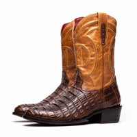 Close-up of toe and stitching detail on Phoenix Aged Maple caiman belly skin boot.