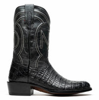 Side view of Phoenix Black boot showing smooth caiman skin vamp and leather shaft