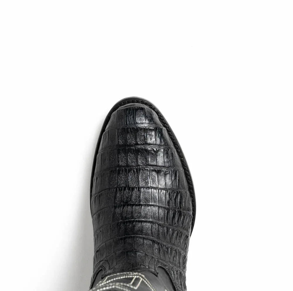 Phoenix Black boot angled to show full caiman belly skin vamp and sleek leather shaft