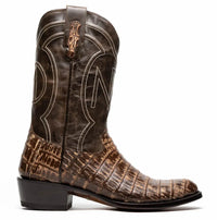 Close-up of smooth caiman belly skin on vamp of Phoenix Stone Brown cowboy boot.