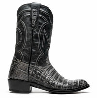 Angled view of Phoenix Stone Gray cowboy boot showing round toe and textured caiman belly skin vamp.