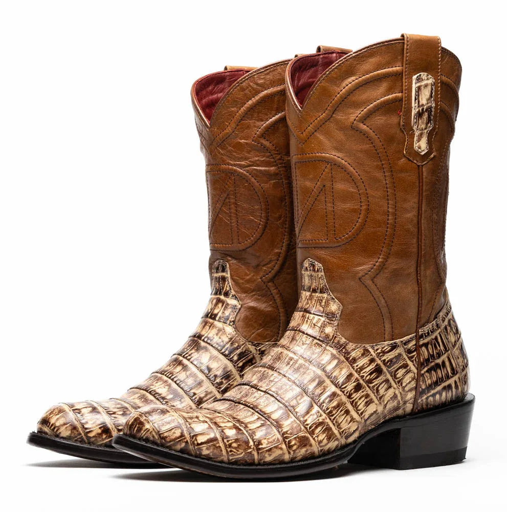 Top view of Phoenix Stone Orix caiman belly skin cowboy boot emphasizing round toe and scale details
