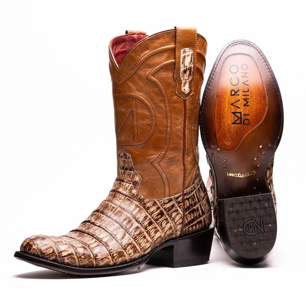 Close-up of Phoenix Stone Orix cowboy boot showing smooth caiman belly skin vamp with round toe