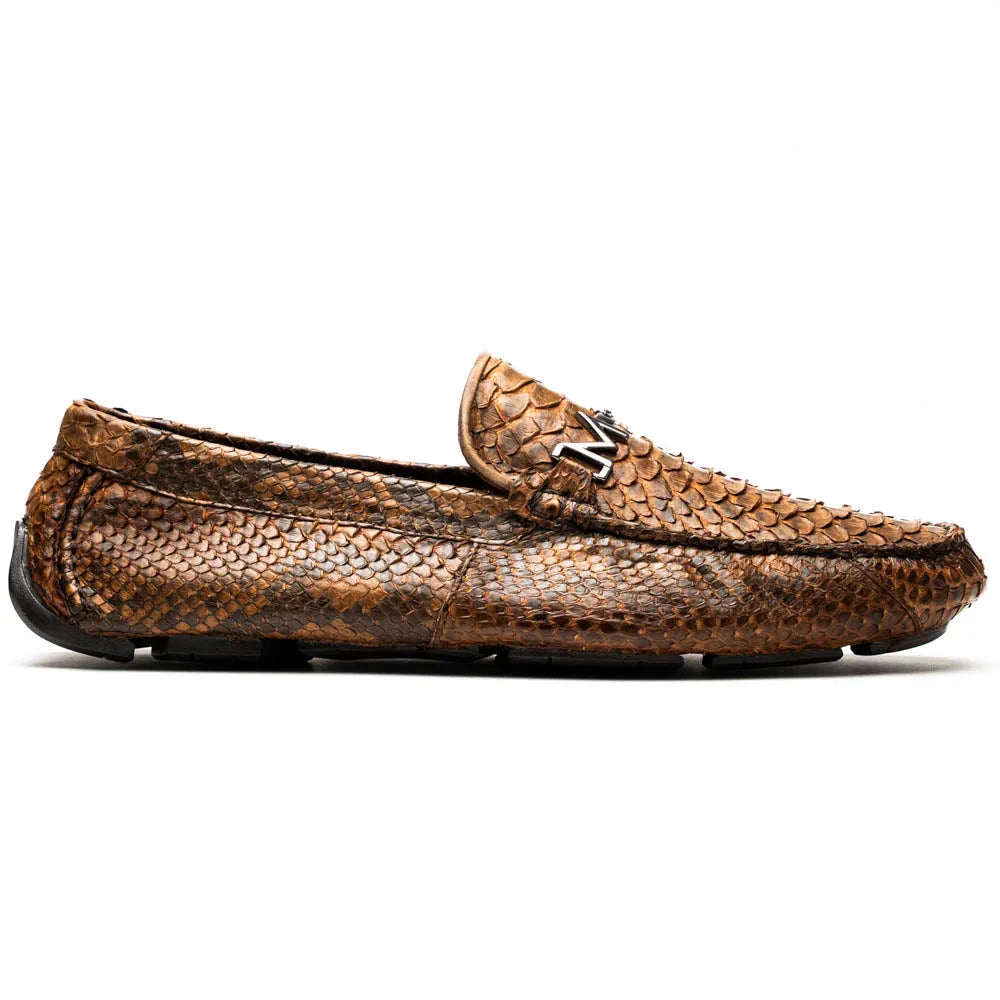 Side view of Pia Cognac python skin driver shoe highlighting exotic scale pattern.